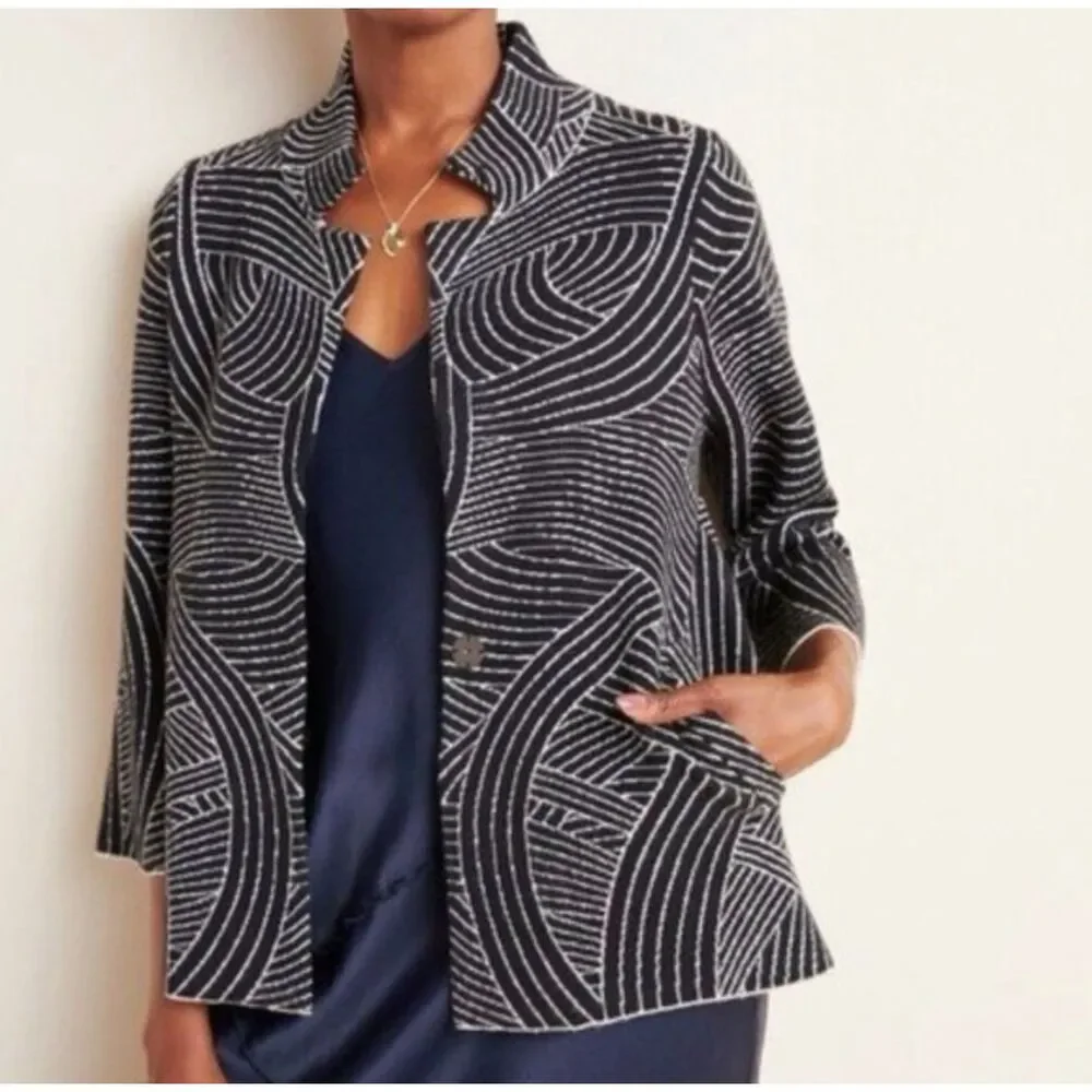 NWT - by ANTHROPOLOGIE Pietra Black/White Knit Single Snap 3/4 Sleeve Jacket, S